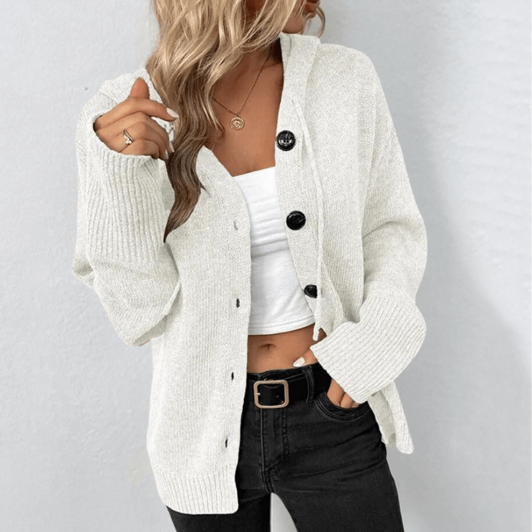 Women's warm knit cardigan in cozy winter style with button-down front closure and thermal insulation
