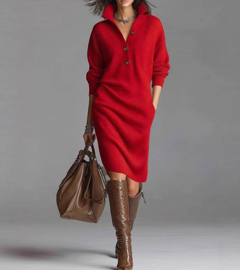 Women's navy knit midi dress structured fit button collar everyday workwear versatile silhouette