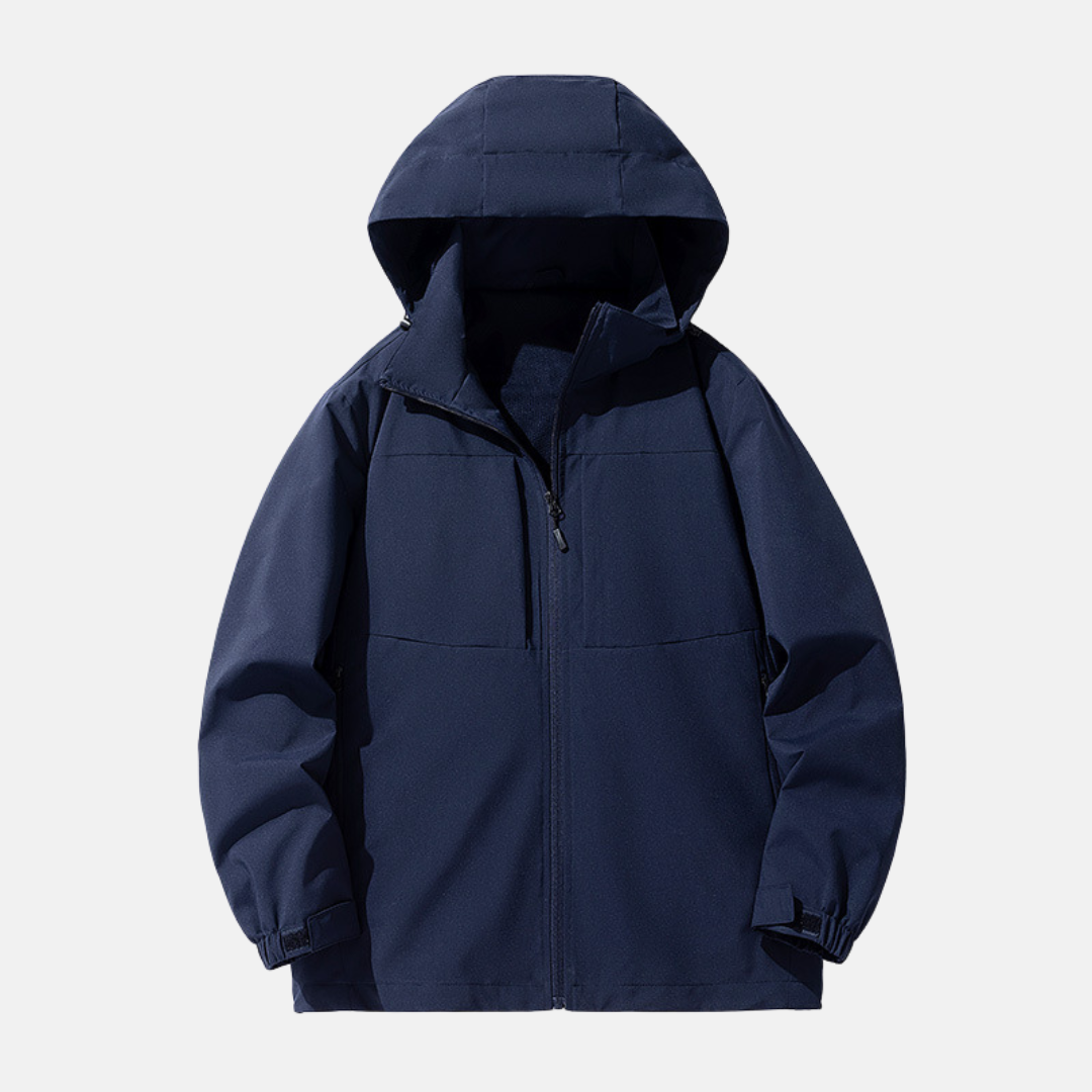 Men's relaxed fit hooded jacket weather-resistant shell with zip pockets and adjustable cuffs