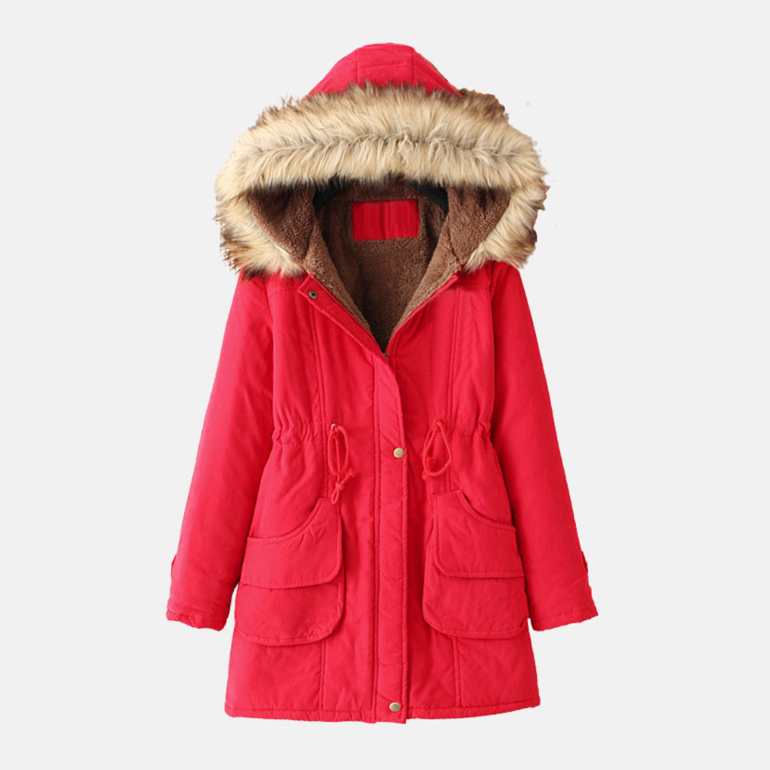 Women's slim-fit parka coat with sherpa lining and faux fur hood, city-ready winter warmth