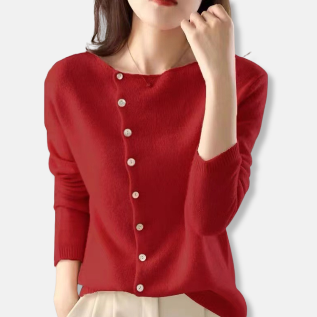 Women's relaxed-fit knit cardigan with asymmetrical neckline and ribbed cuffs for elegant everyday style