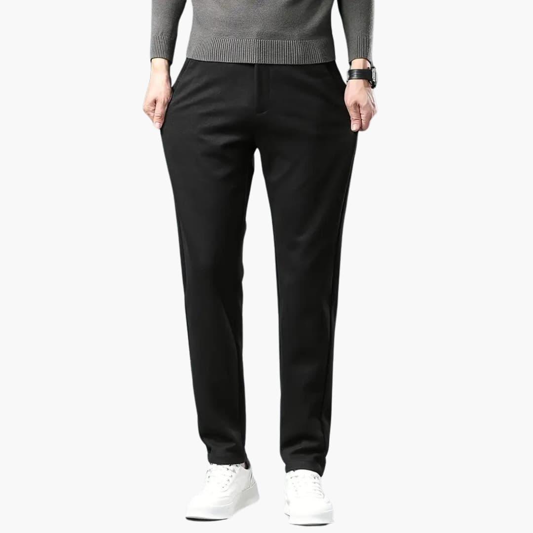 Men's slim-fit business casual trousers in neutral tone, stretch fabric for all-day office comfort