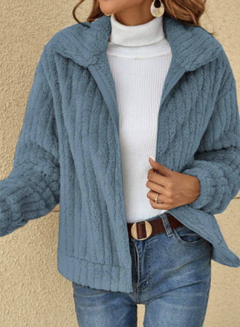 Women's teddy plush cardigan cozy oversized fit ultra-soft fluffy texture fall warmth