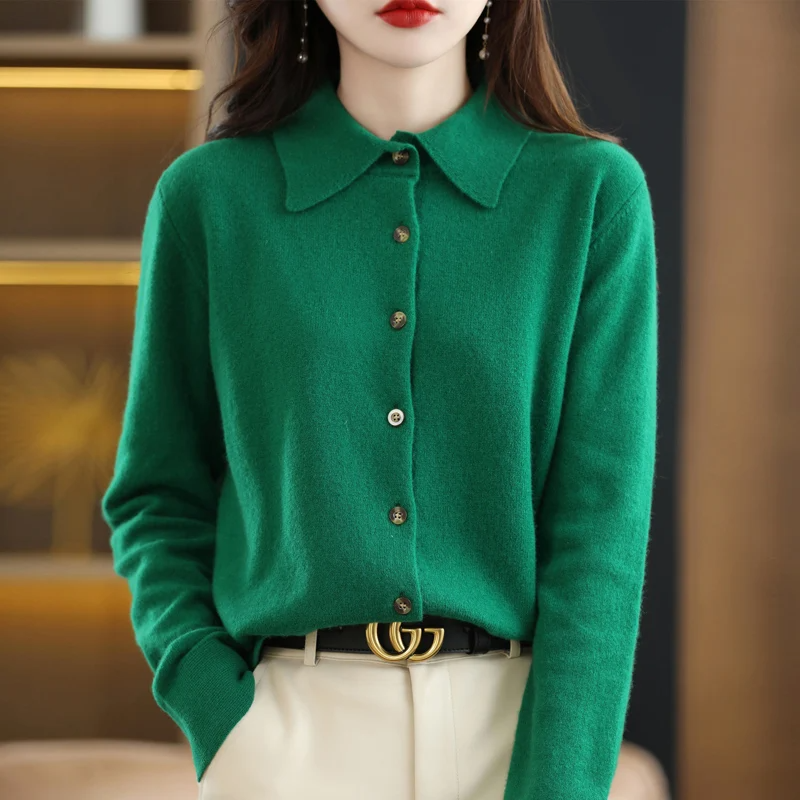 Women's soft knit button-up top tailored silhouette with distinctive tortoiseshell buttons