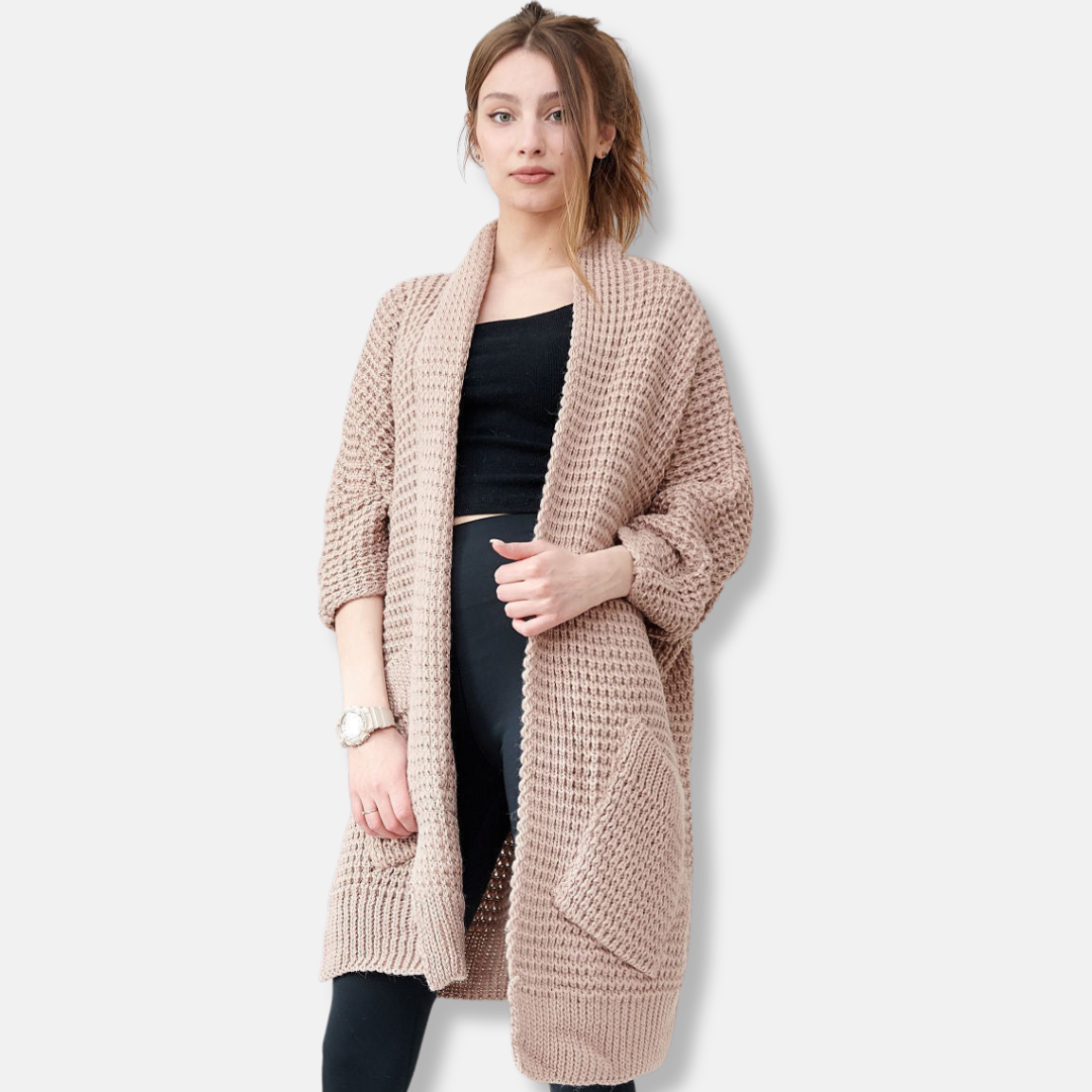 Women's oversized chunky knit wool blend coat open front with patch pockets casual elegance