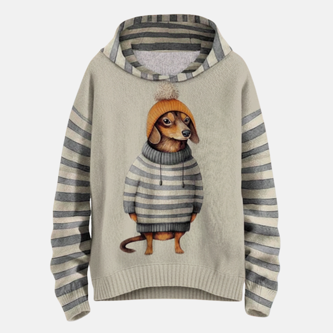 Women's loose fit fleece hoodie grey striped sleeves playful dog motif cozy casual style