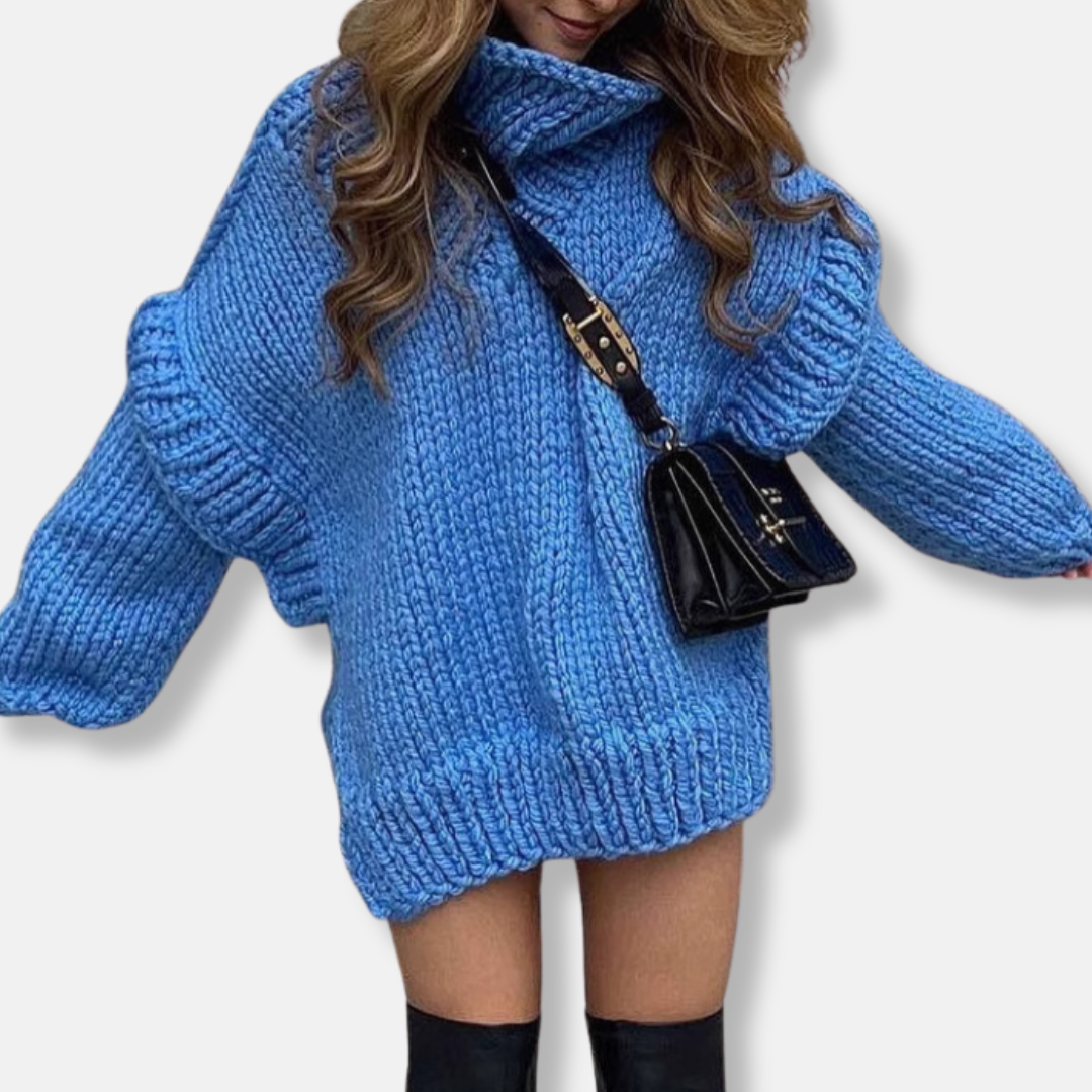 Women's oversized chunky knit wool turtleneck pullover sweatshirt in cozy neutral tones