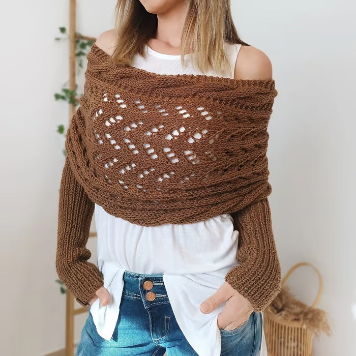 Chunky knit bohemian scarf wrap for women in neutral tones, cozy oversized draped silhouette