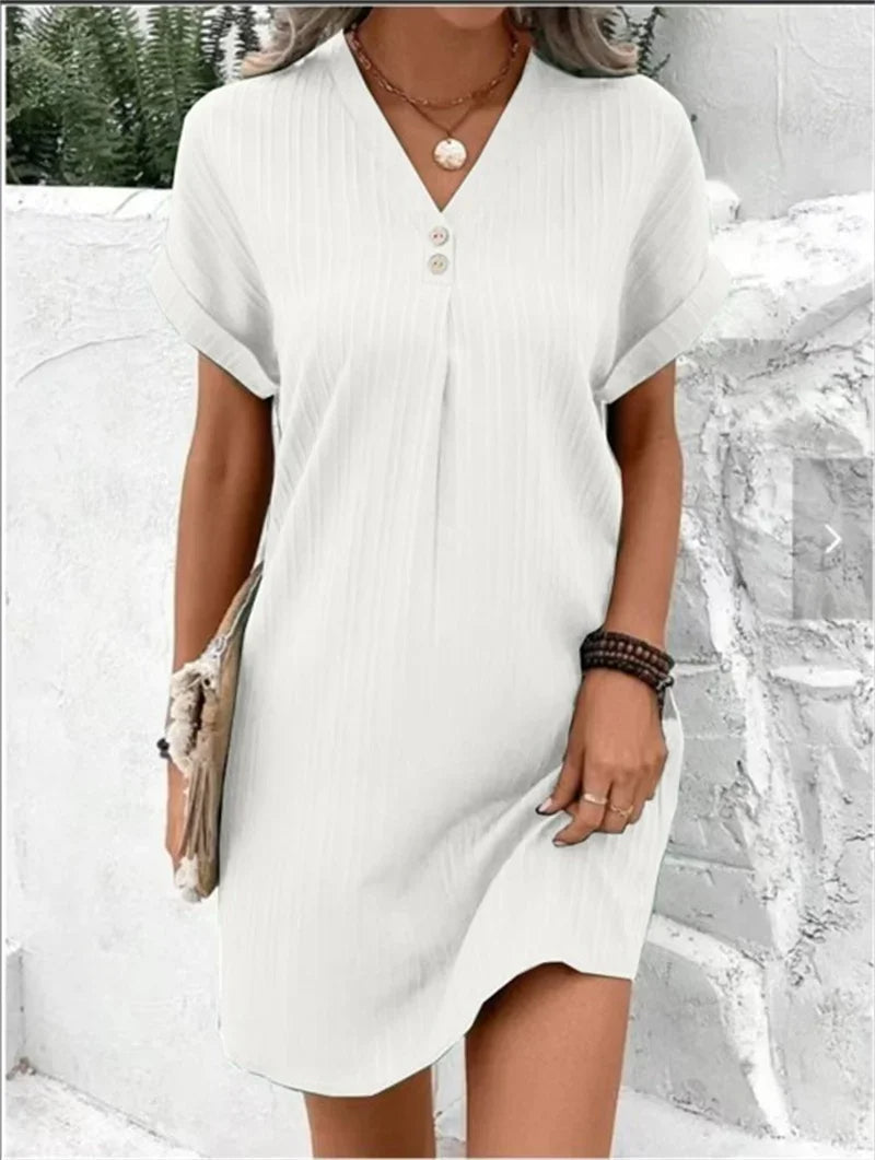 Women's elegant V-neck midi dress in airy cotton blend fabric with flattering cut for all-day comfort
