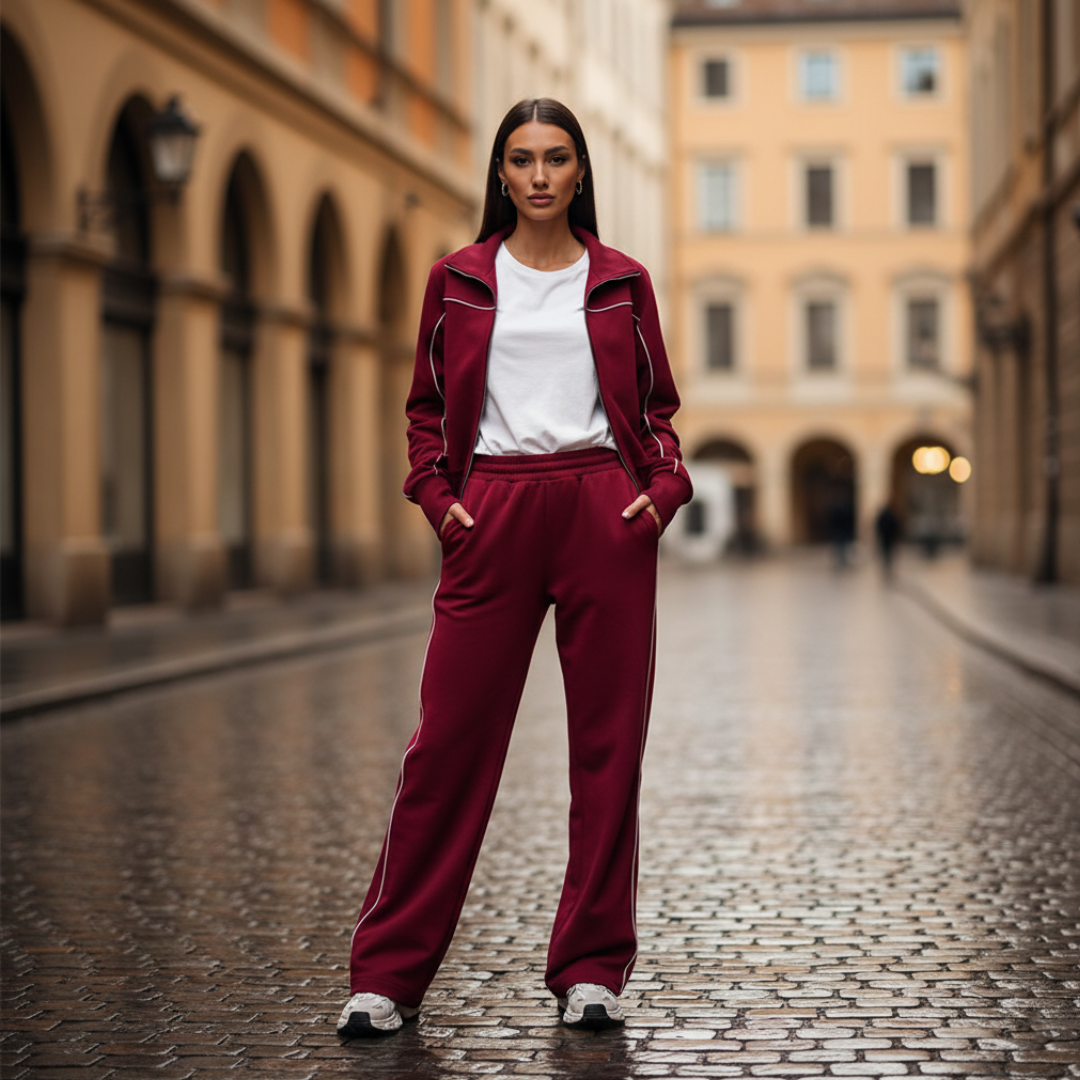 Women's gray zip-up crop bomber tracksuit set with wide-leg pants, relaxed athleisure fit