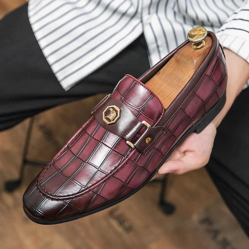 Men's mirror-gloss crocodile-embossed patent leather loafer with brushed metal bit, premium dress shoe