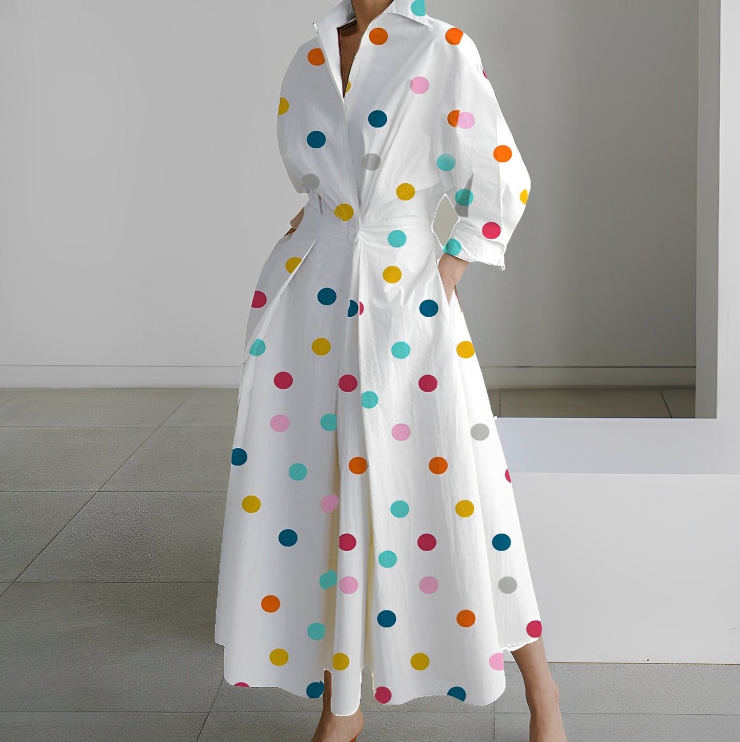Women's white maxi shirt dress minimalist style belted waist flared hem elegant silhouette