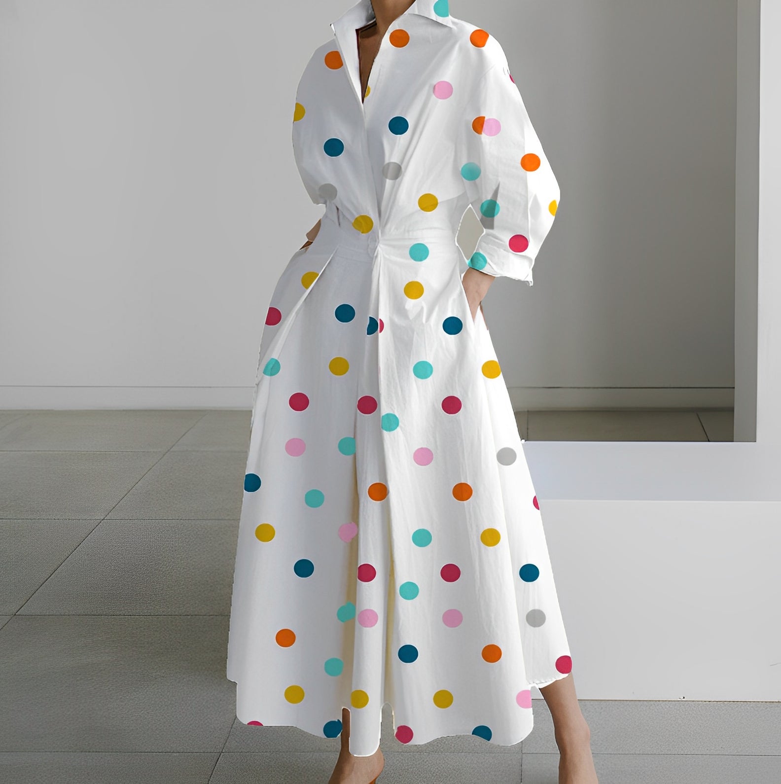 Women's white maxi shirt dress minimalist style belted waist flared hem elegant silhouette