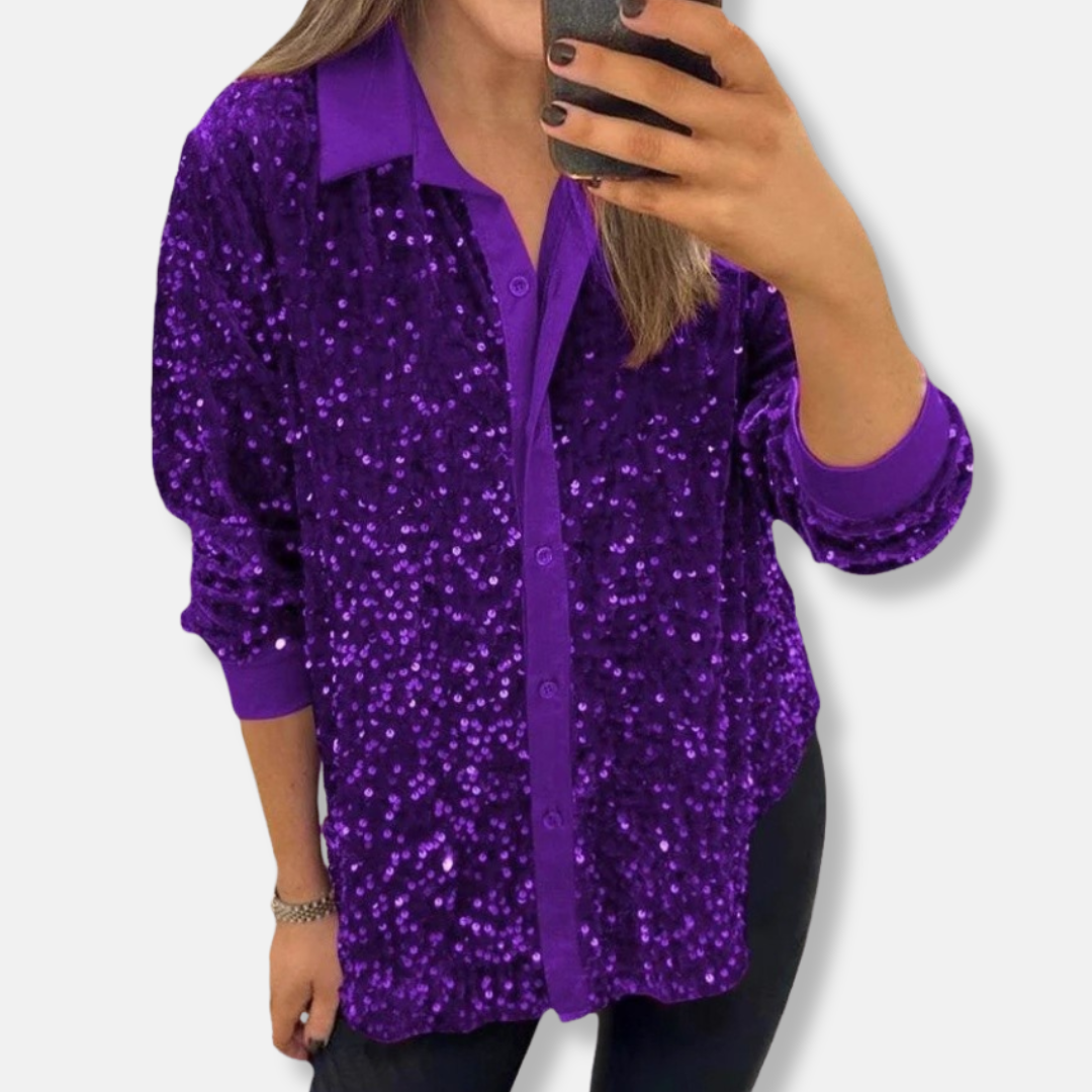 Women's silver sequin button-up shirt relaxed fit long sleeve party glamour top