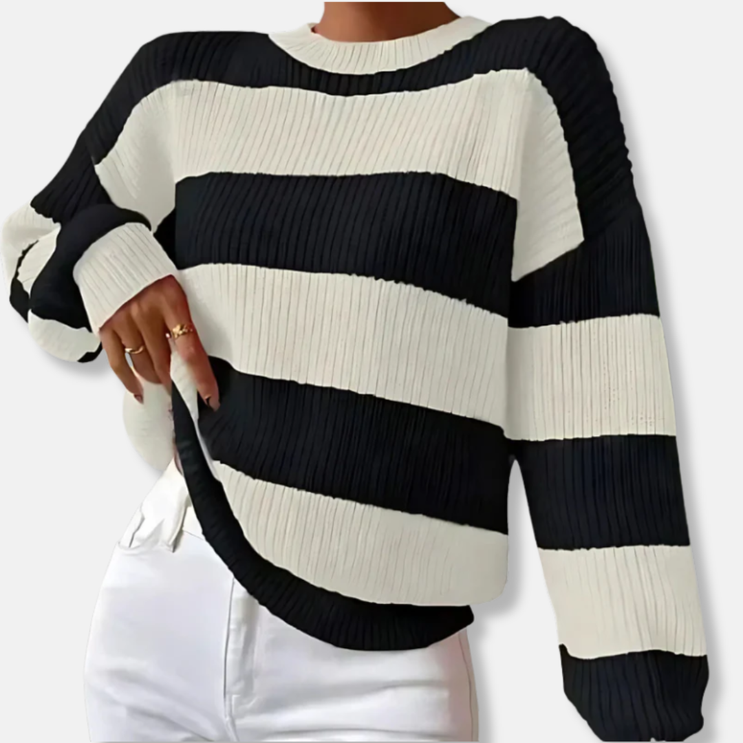 Women's striped ribbed knit sweatshirt loose fit balloon sleeves round neck cozy casual style