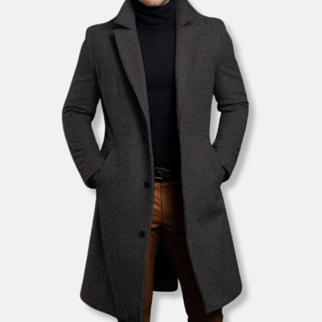 Men's wool blend trench coat tailored fit knee length single breasted classic silhouette