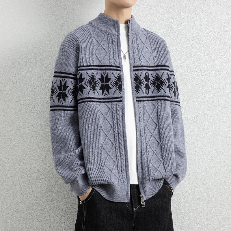 Cream heavyweight cable-knit zip cardigan with Nordic jacquard pattern and stand collar