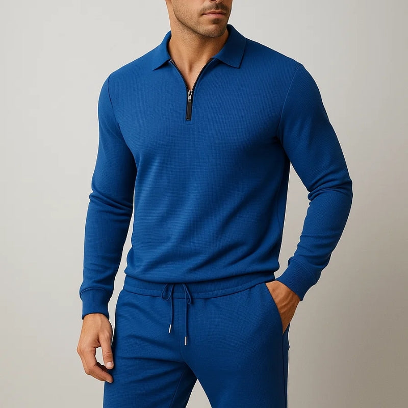 Waffle texture two-piece lounge set with zip top and drawstring pants, lightweight breathable casual fit