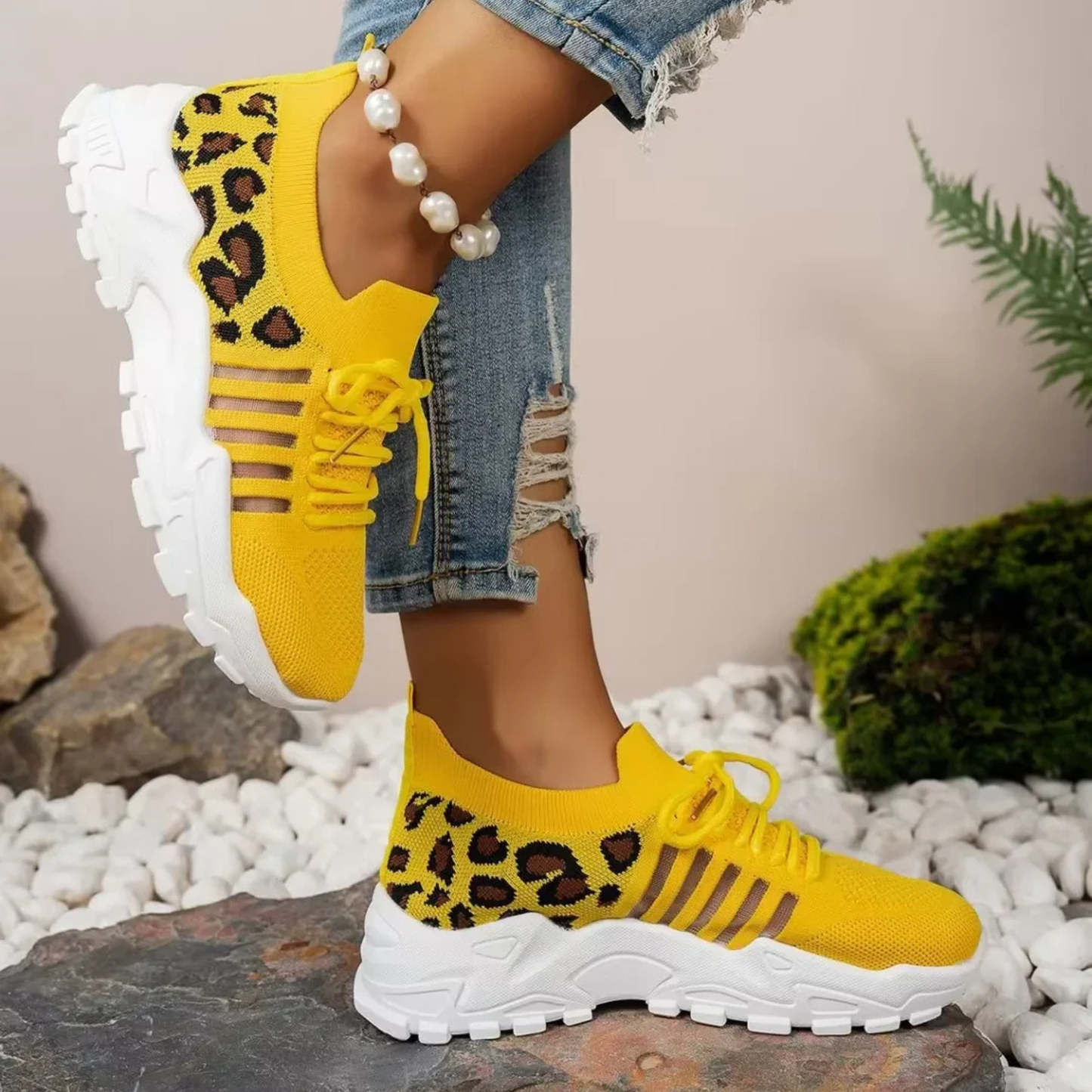 Women's leopard print knit sneaker ultra-lightweight breathable sock fit with chunky sole