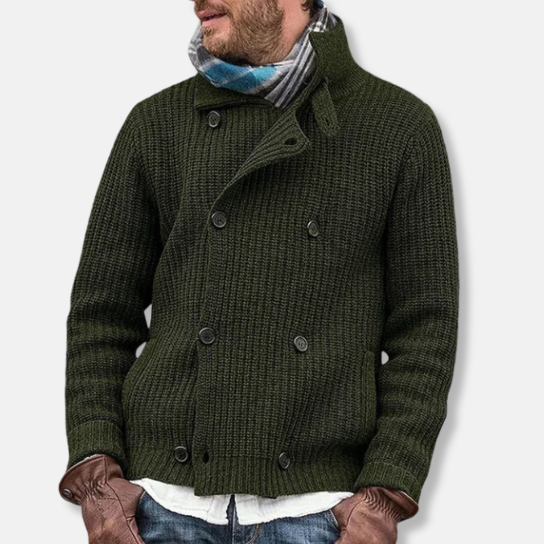 Men's wool blend double-breasted knit jacket with high collar, modern structured silhouette