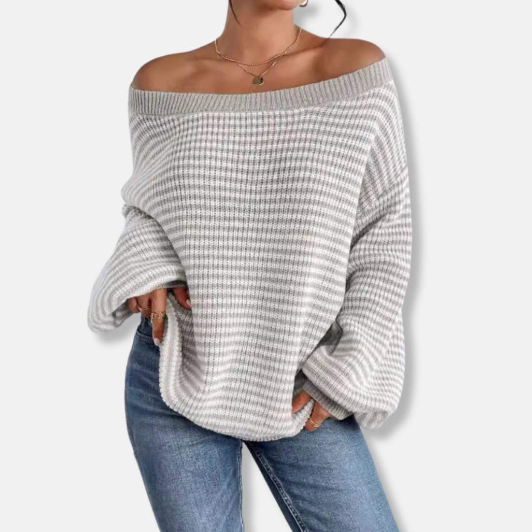 Women's relaxed knit sweater boat neck lantern sleeves chic fall style loose cozy fit