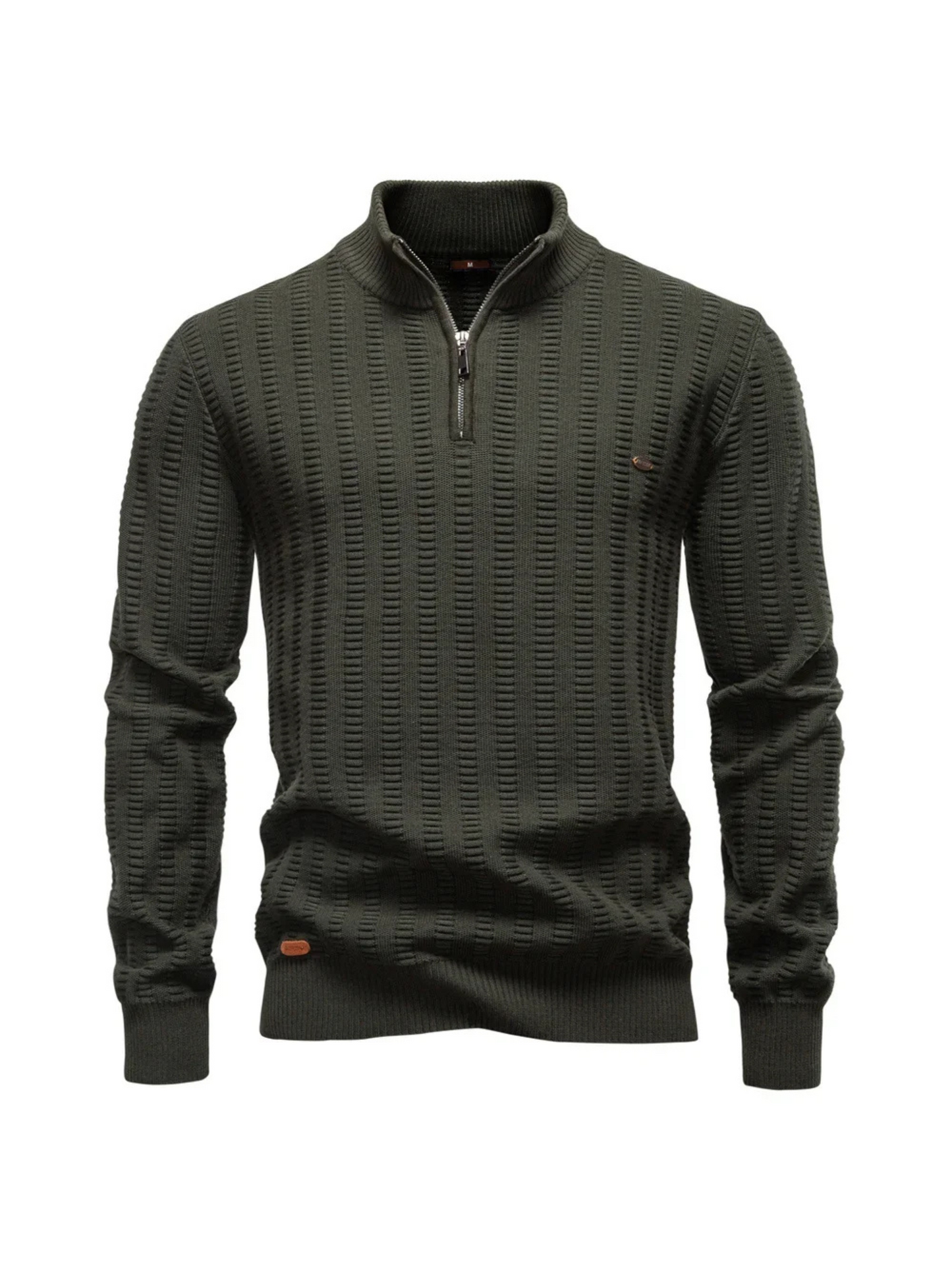 Men's navy blue quarter-zip pullover ribbed stretch cotton knit with structured vertical texture