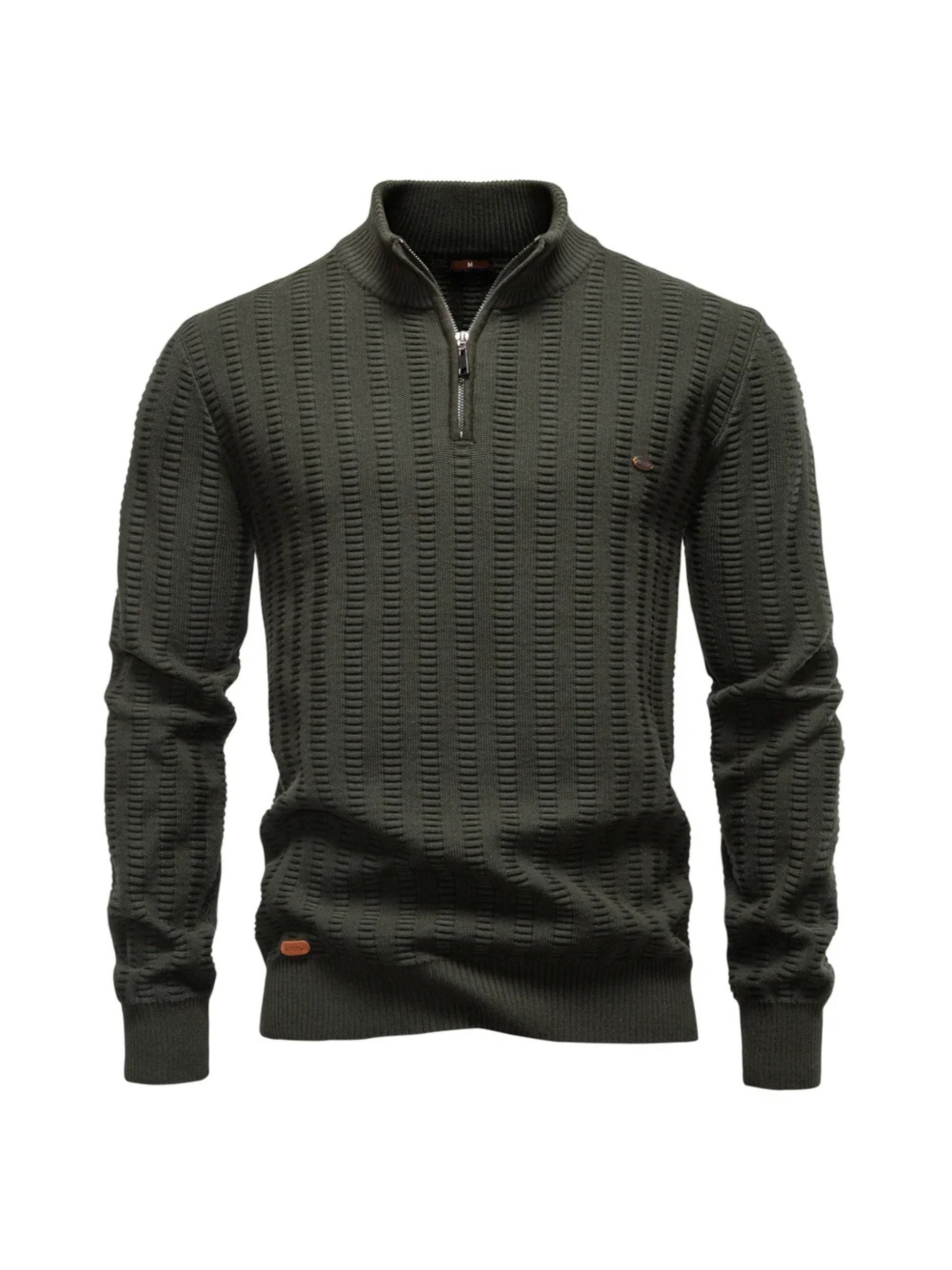 Men's navy blue quarter-zip pullover ribbed stretch cotton knit with structured vertical texture
