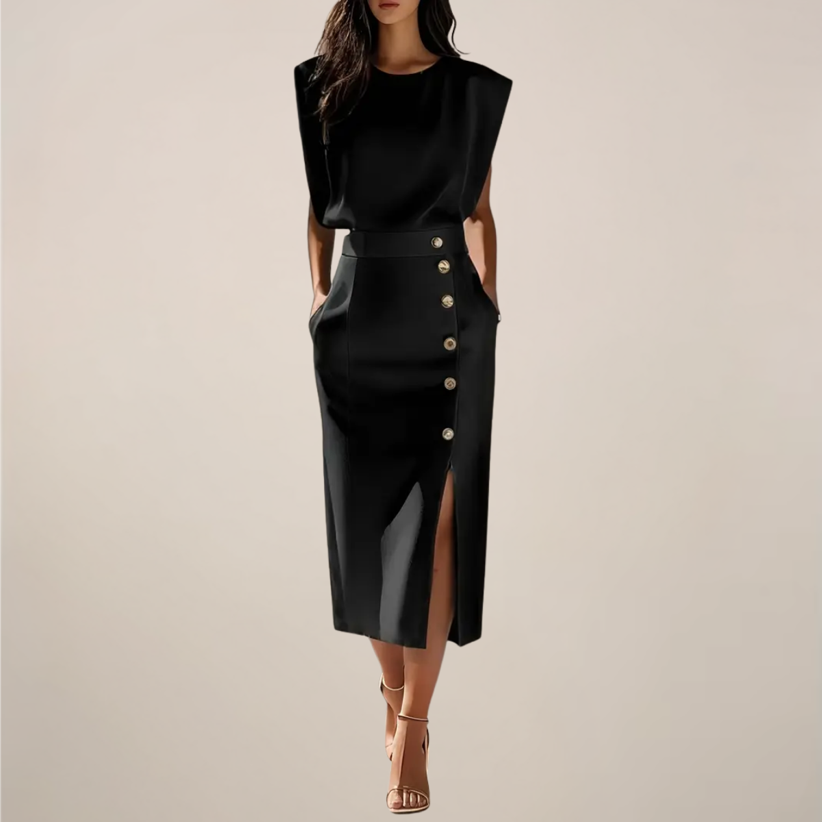 Elegant midi dress sculpted waist gold-tone buttons side slit warm-weather polished fit women
