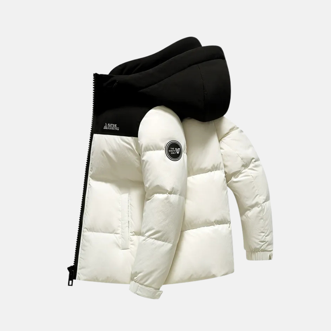 Men's black nylon puffer jacket hooded hip-length padded insulation durable winter coat regular fit