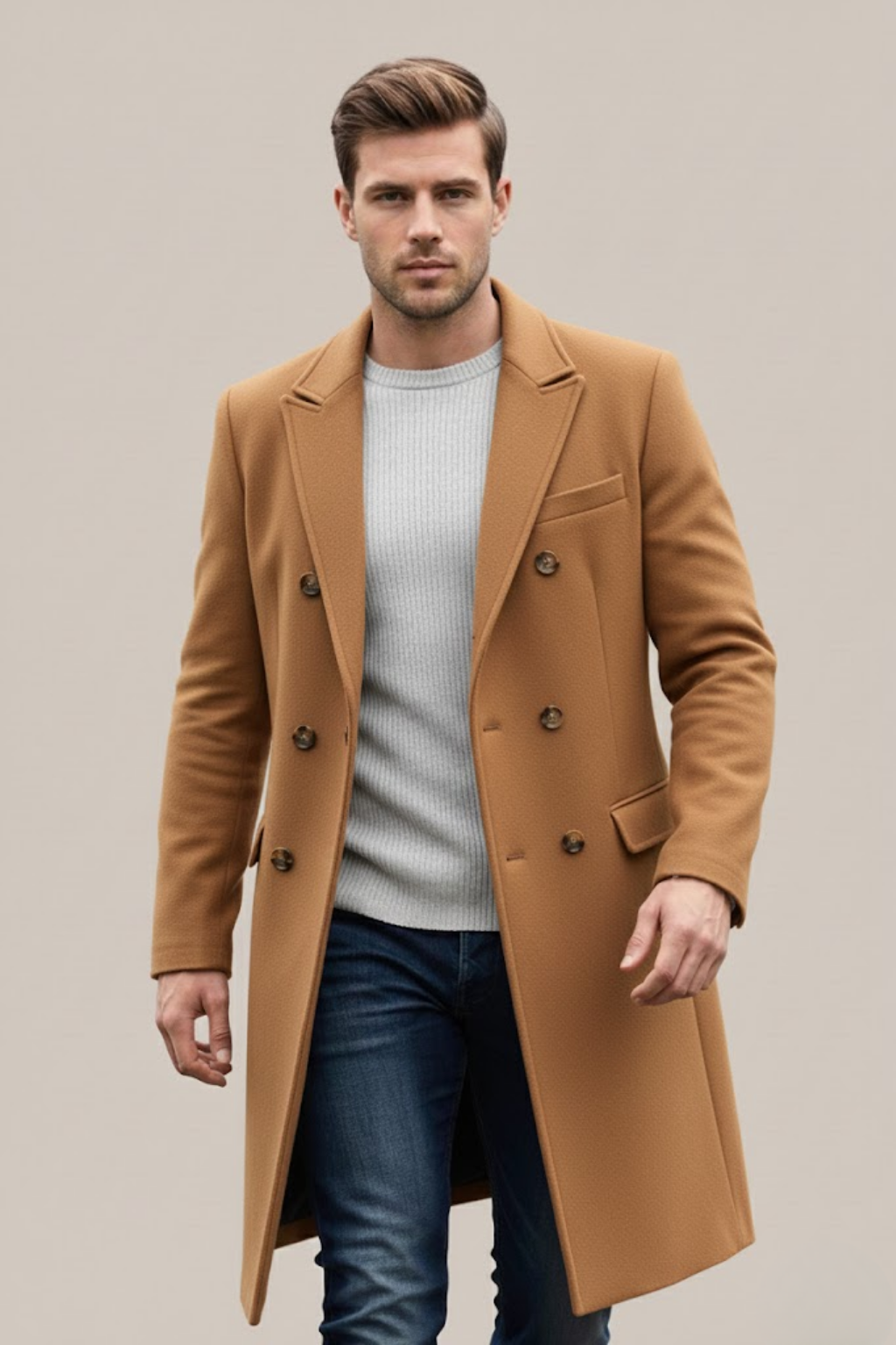 Men's dark double-breasted long coat tailored silhouette structured lapel formal professional style