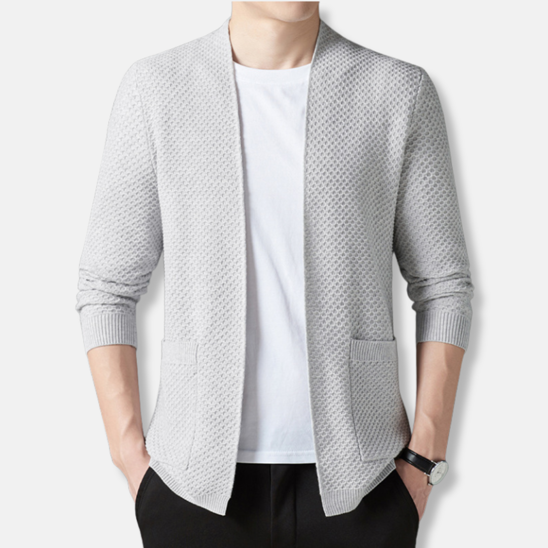 Men's open-front waffle knit cardigan relaxed fit hip-length layering piece in neutral tone