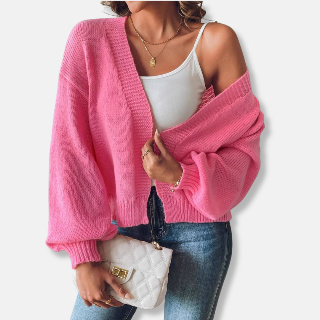 Women's cropped knit blend cardigan relaxed fit with dramatic lantern sleeves for chic everyday style