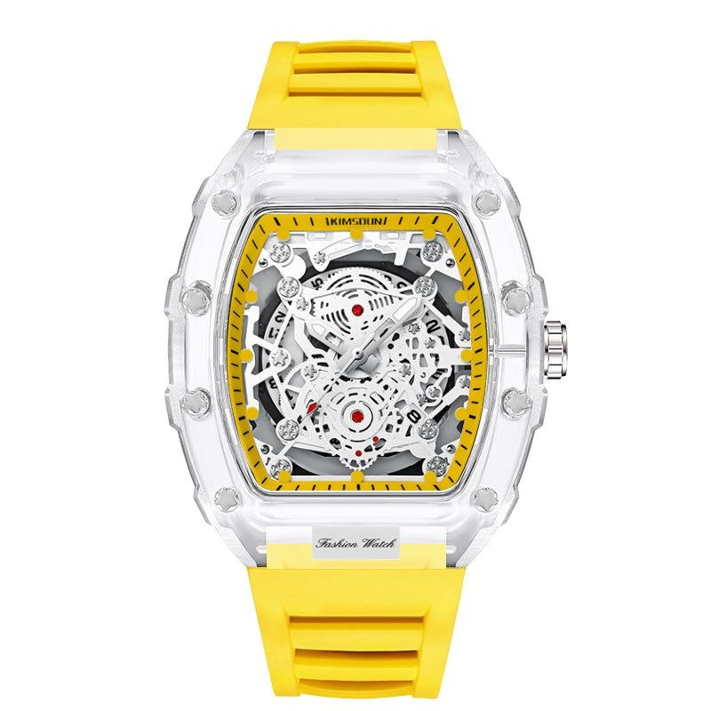 Transparent skeleton watch with visible gear movement, waterproof quartz core, bold mechanical design