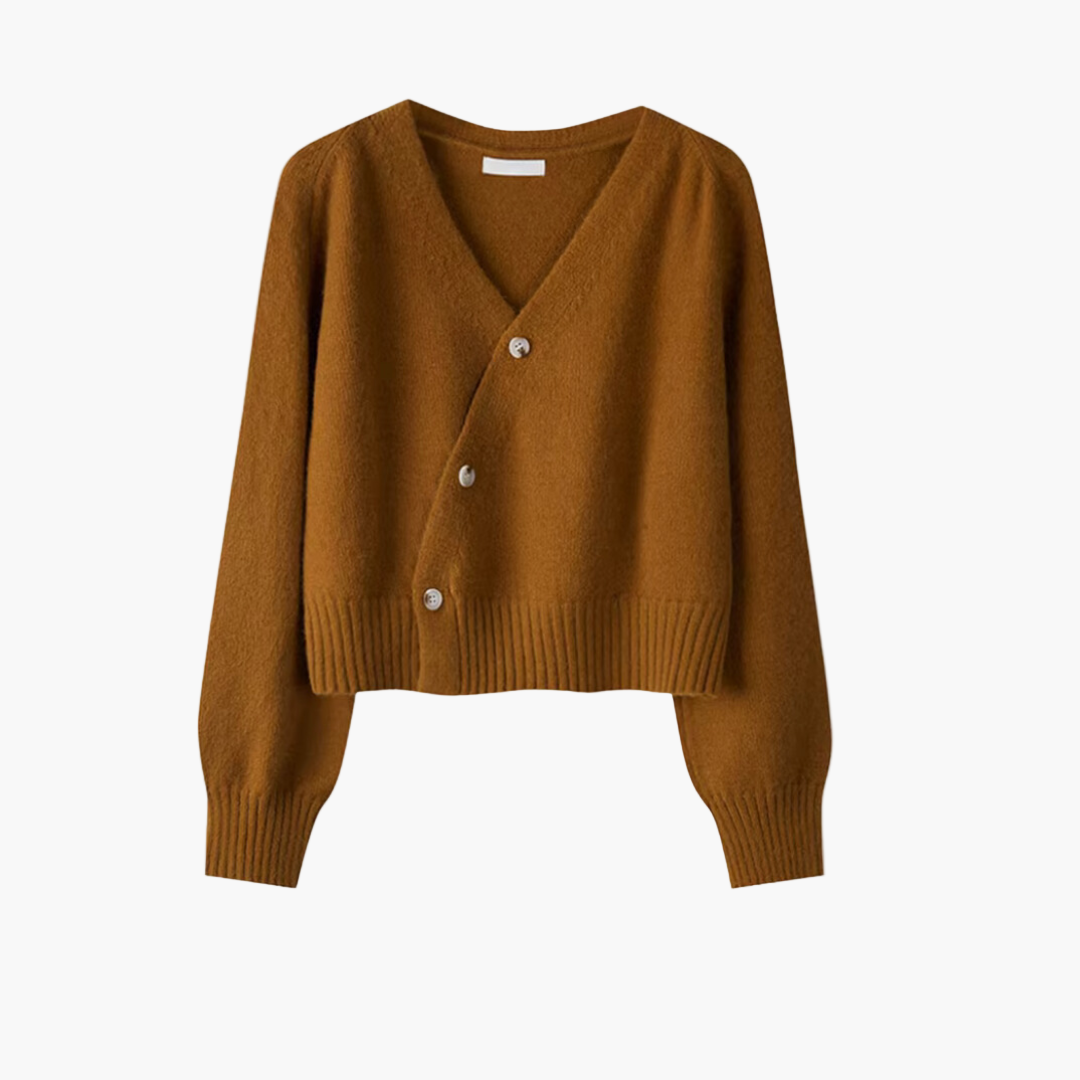 Women's chic V-neck cardigan with diagonal button placket for office casual everyday wear