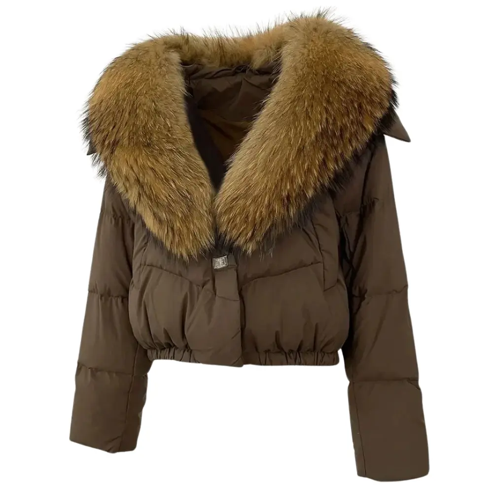 Women's cropped puffer jacket with detachable faux fur collar, insulated cinched fit winter coat