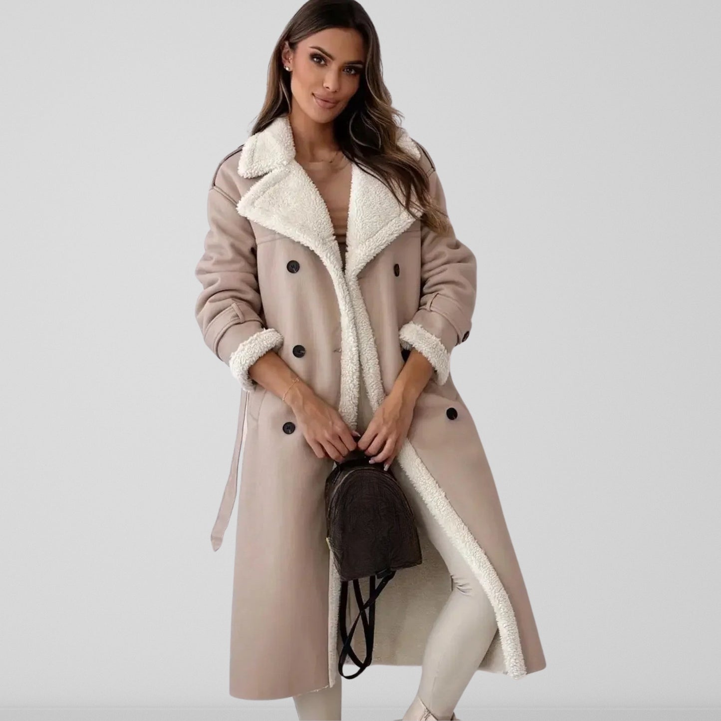 Women's black faux leather trench coat double-breasted belted waist with shearling trim