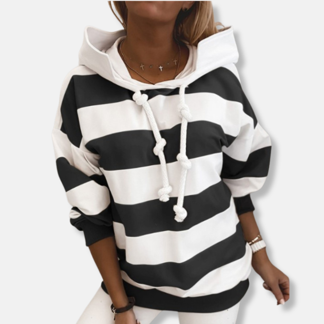 Women's striped loose fit hoodie sweatshirt with adjustable drawstring hood for relaxed casual comfort