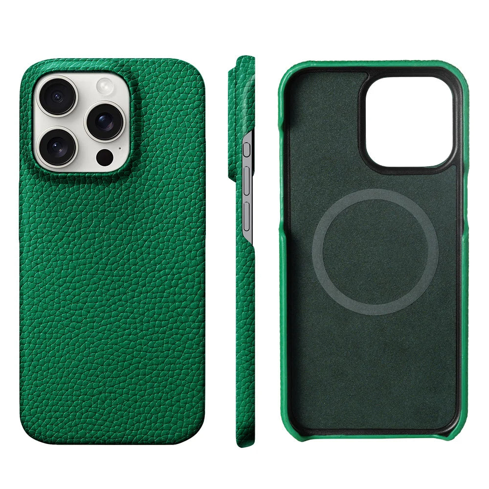 Executive genuine leather iPhone case slim profile raised edge lens protection premium microfiber interior