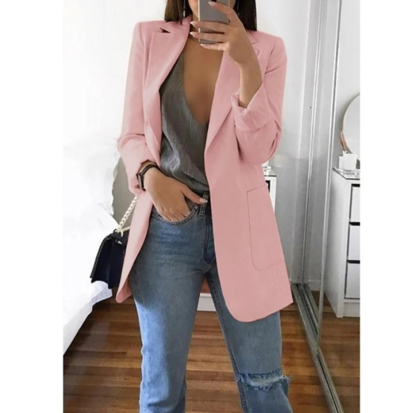 Women's long khaki blazer tailored fit elegant office style all-day comfort refined silhouette