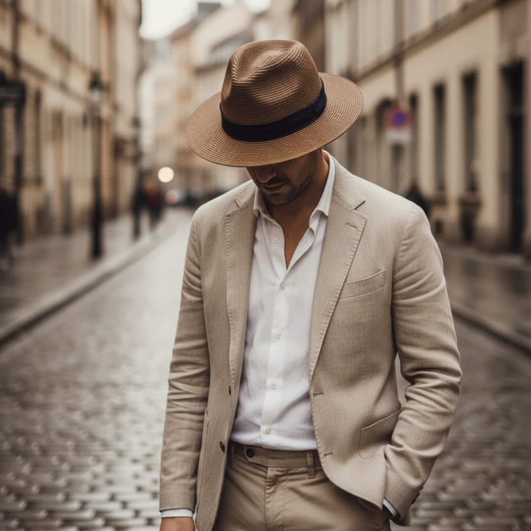 Men's premium straw fedora hat khaki medium brim dark contrast band sun shade travel outdoor
