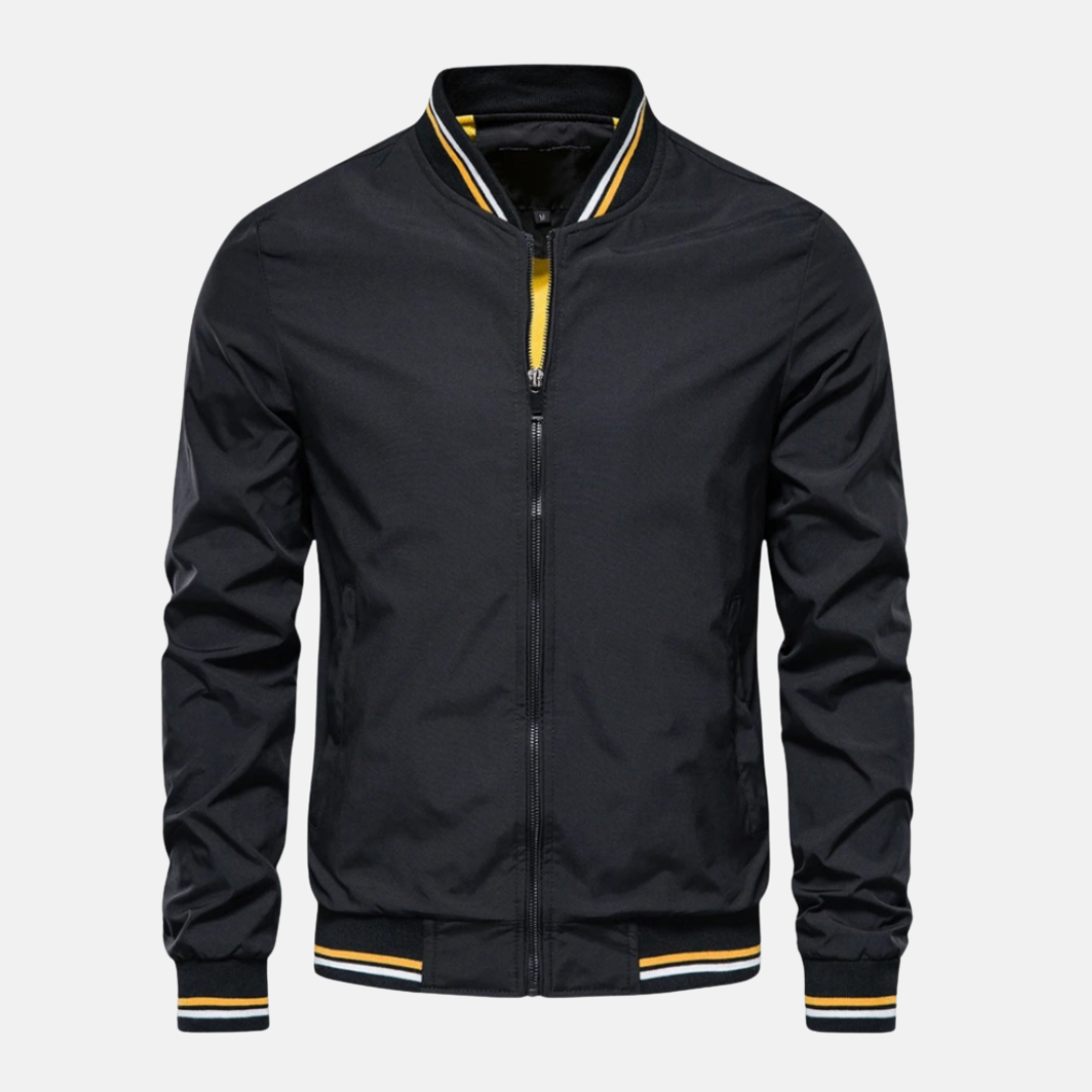 Men's black PU leather bomber jacket relaxed fit with striped ribbed edges and zip closure