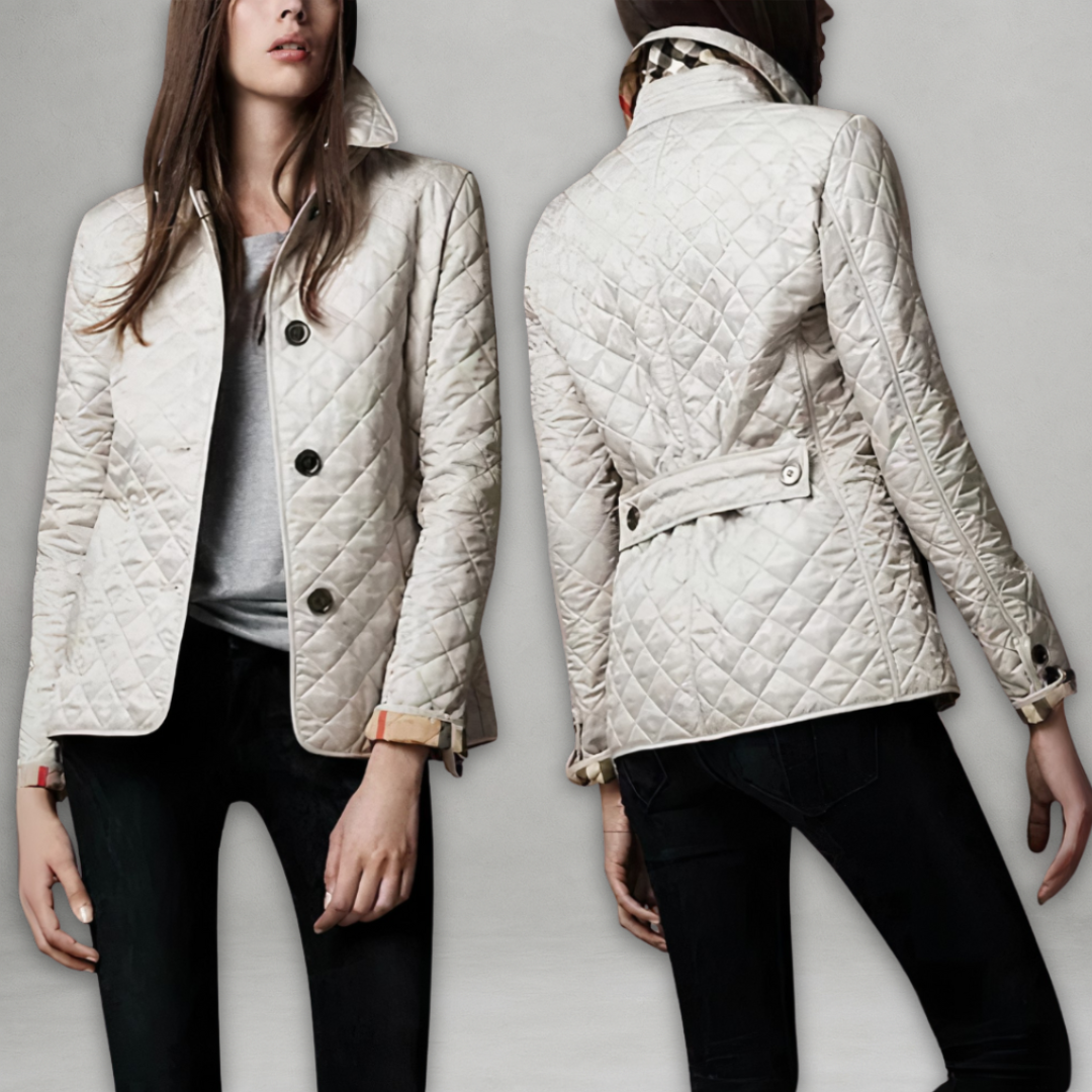 Black quilted button-front jacket tailored silhouette with structured texture for city wear