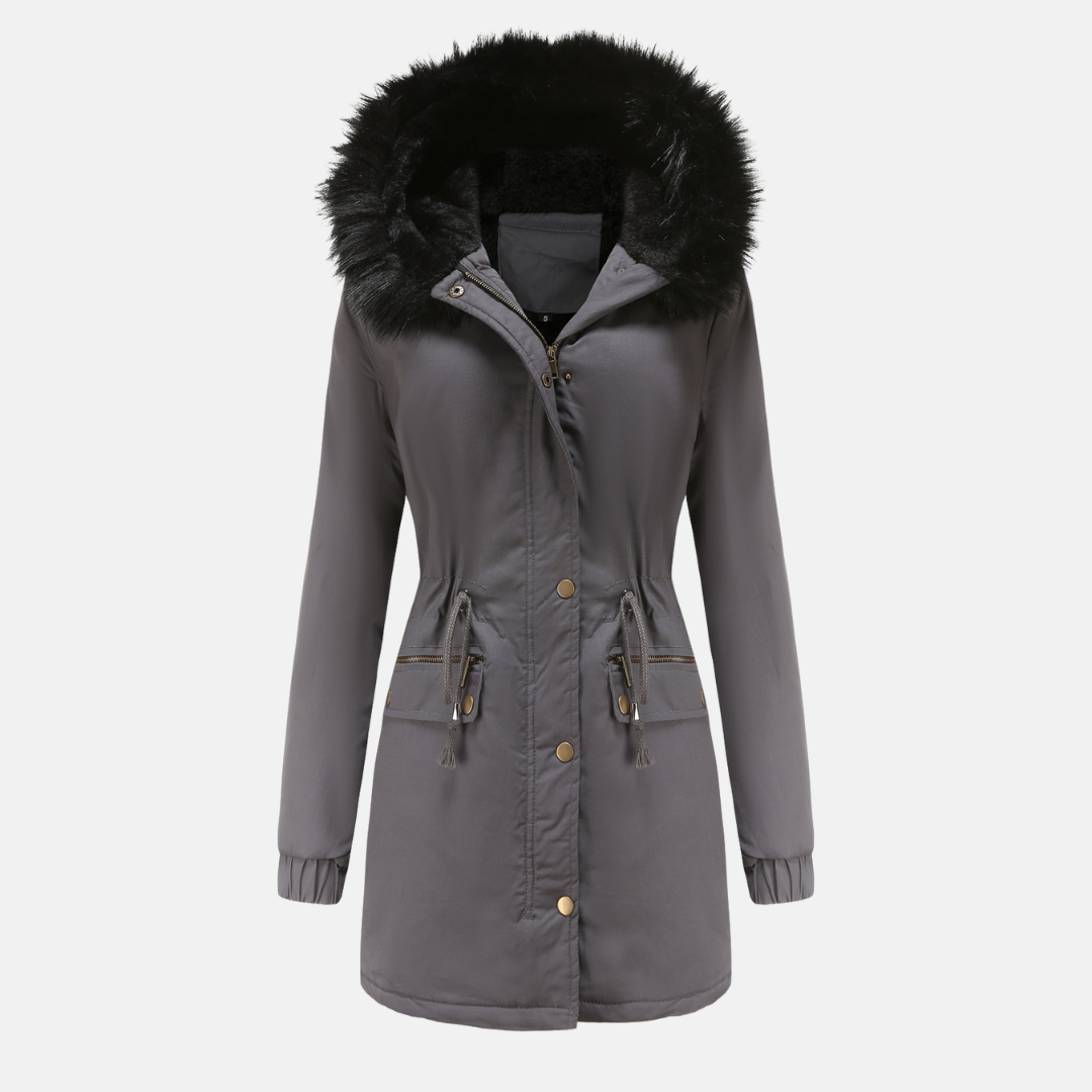 Women's longline parka jacket with faux fur hood, adjustable waist, weather-resistant cozy winter fit