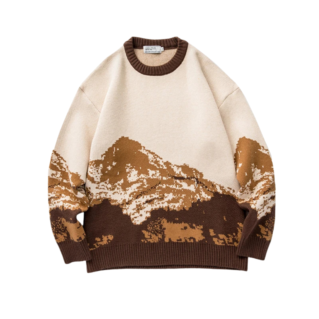 Multicolor mountain landscape knit sweater relaxed fit with woven nature scene across front and sleeves