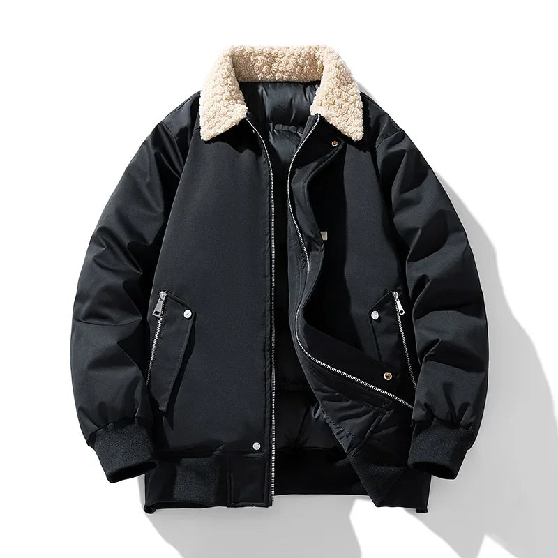 Men's thermal bomber jacket windproof water-resistant with sherpa collar for outdoor warmth