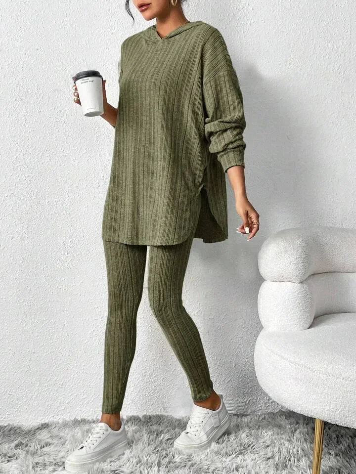 Women's ribbed knit lounge set with oversized hoodie and sculpting high-waist leggings in coordinated style
