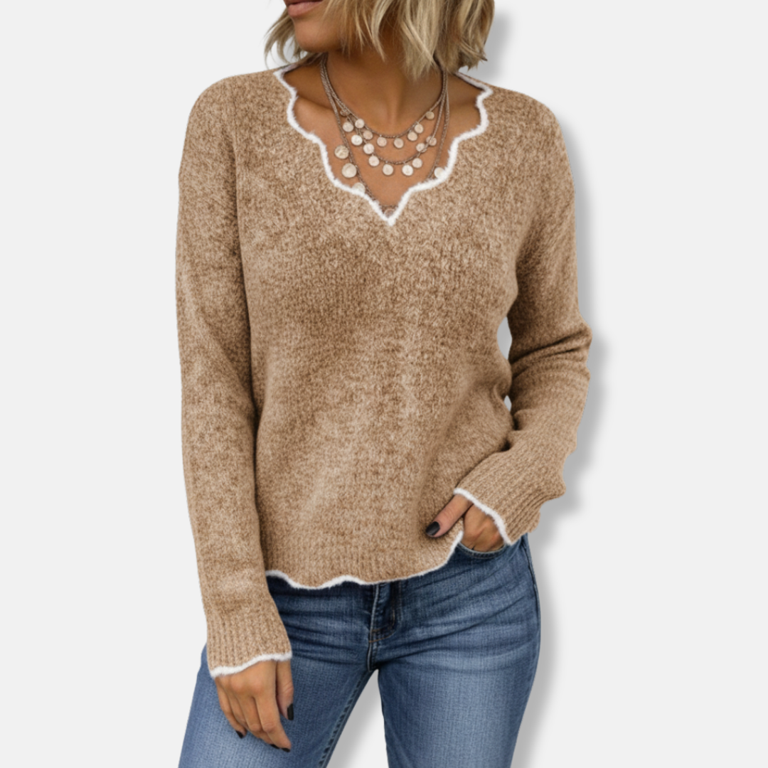 Women's relaxed-fit wool knit pullover sweater with feminine scalloped neckline in soft neutral tone