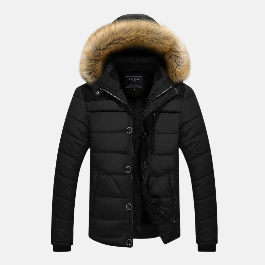 Men's slim fit hip-length puffer jacket with detachable faux fur hood, minimalist winter style