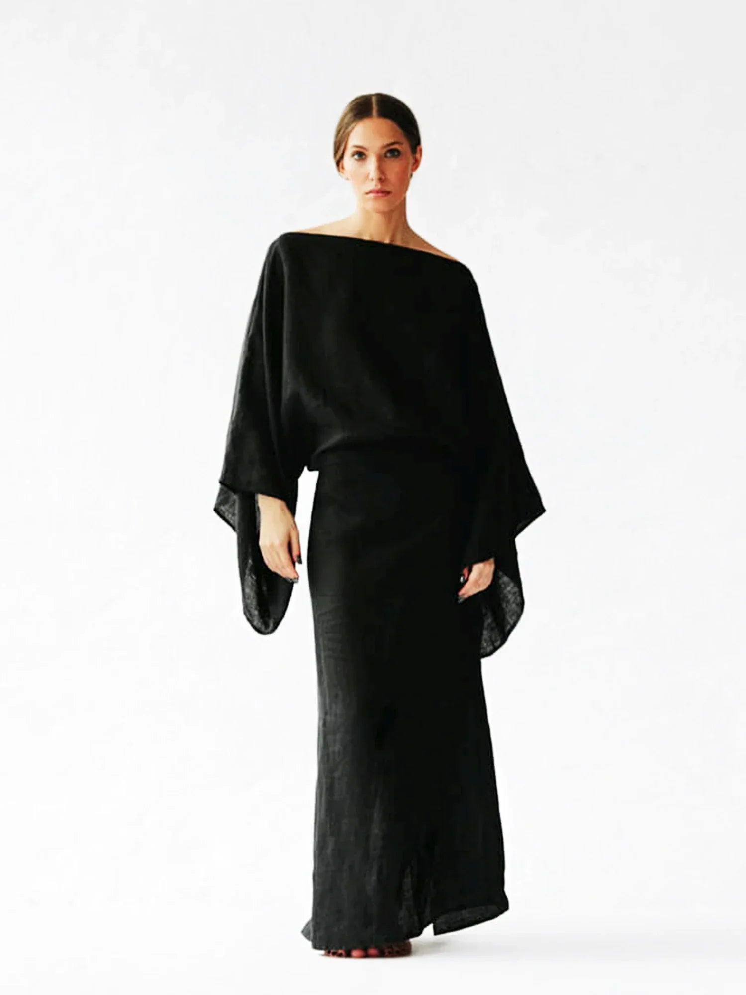 Women's black kimono midi dress relaxed fit wide sleeves optional belt minimalist style