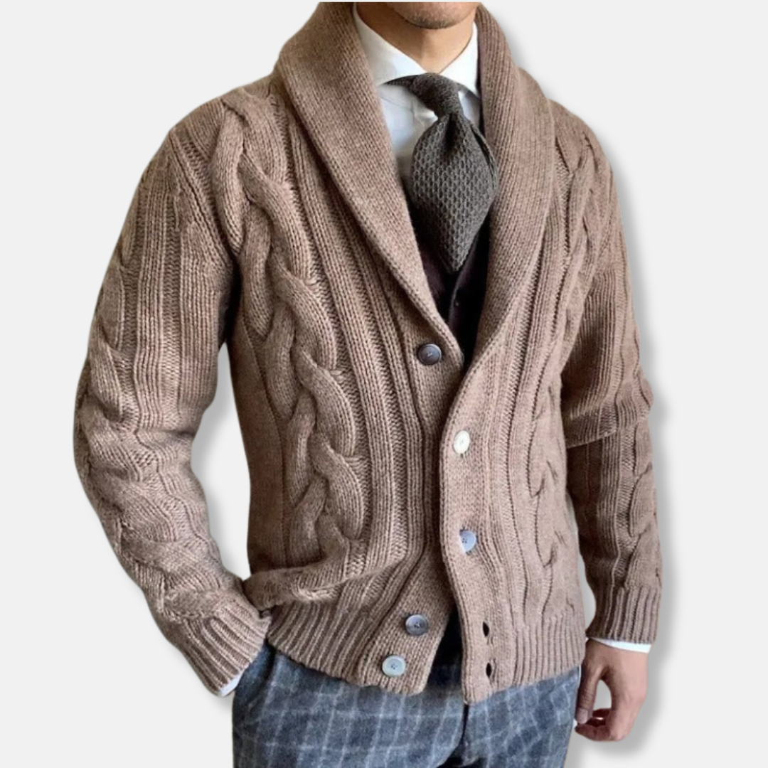 Men's cable knit cardigan shawl lapel collar regular fit long sleeve cozy wool-feel sweater